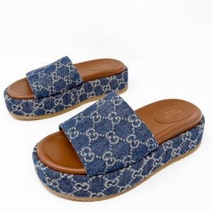 Gucci Angelina Denim GG Platform Slide Sandals Womens Size EU 38.5
